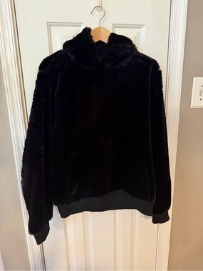 American Stitch Black Faux Fur Hoodie Plush Soft Streetwear Size L